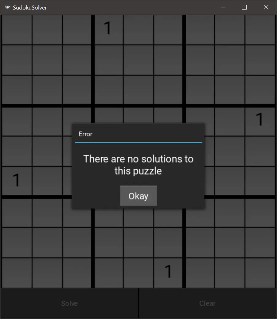 sudoku solver showing no-solutions message